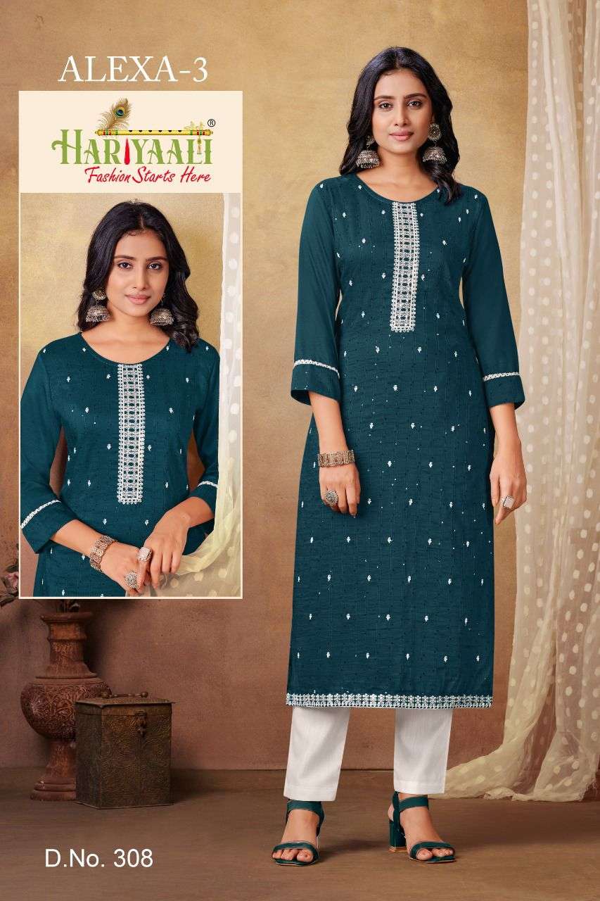 ALEXA VOL-3 BY HARIYAALI 306 TO 313 SERIES DESIGNER STYLISH FANCY COLORFUL BEAUTIFUL PARTY WEAR & ETHNIC WEAR COLLECTION VISCOSE SILK KURTIS AT WHOLESALE PRICE